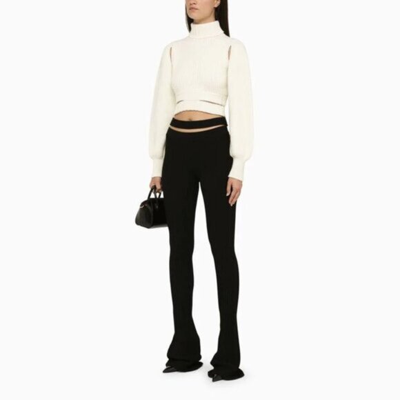 Andrea Adamo Statement Stretchy Ribbed Knit Flared Pants With Waist Cutout - Picture 1 of 8